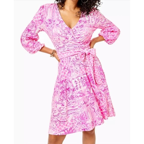 Lilly Pulitzer Dresses & Skirts - Lilly Pulitzer Chace Faux Wrap Dress Pink Palm Beach Paradise Print Size Large